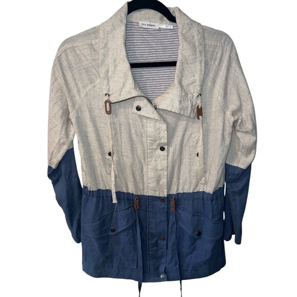 Blu Pepper Jacket Womens Sz S Two Tone Utility Jacket Linen Field Zip Up Coastal - Picture 1 of 11